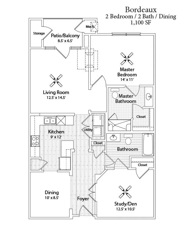 Bordeaux floor plan diagram, two bedroom, two bath, 1,100 square feet