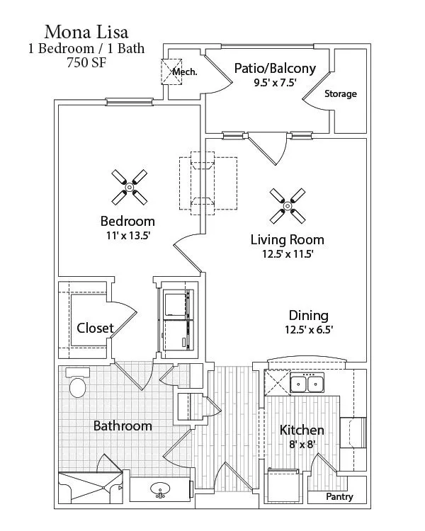 Mona Lisa floor plan, 1 bedroom, 1 bath, 750 square feet