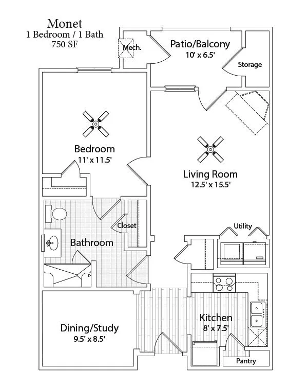 Monet floor plan diagram, one bedroom, one bath, 750 square feet